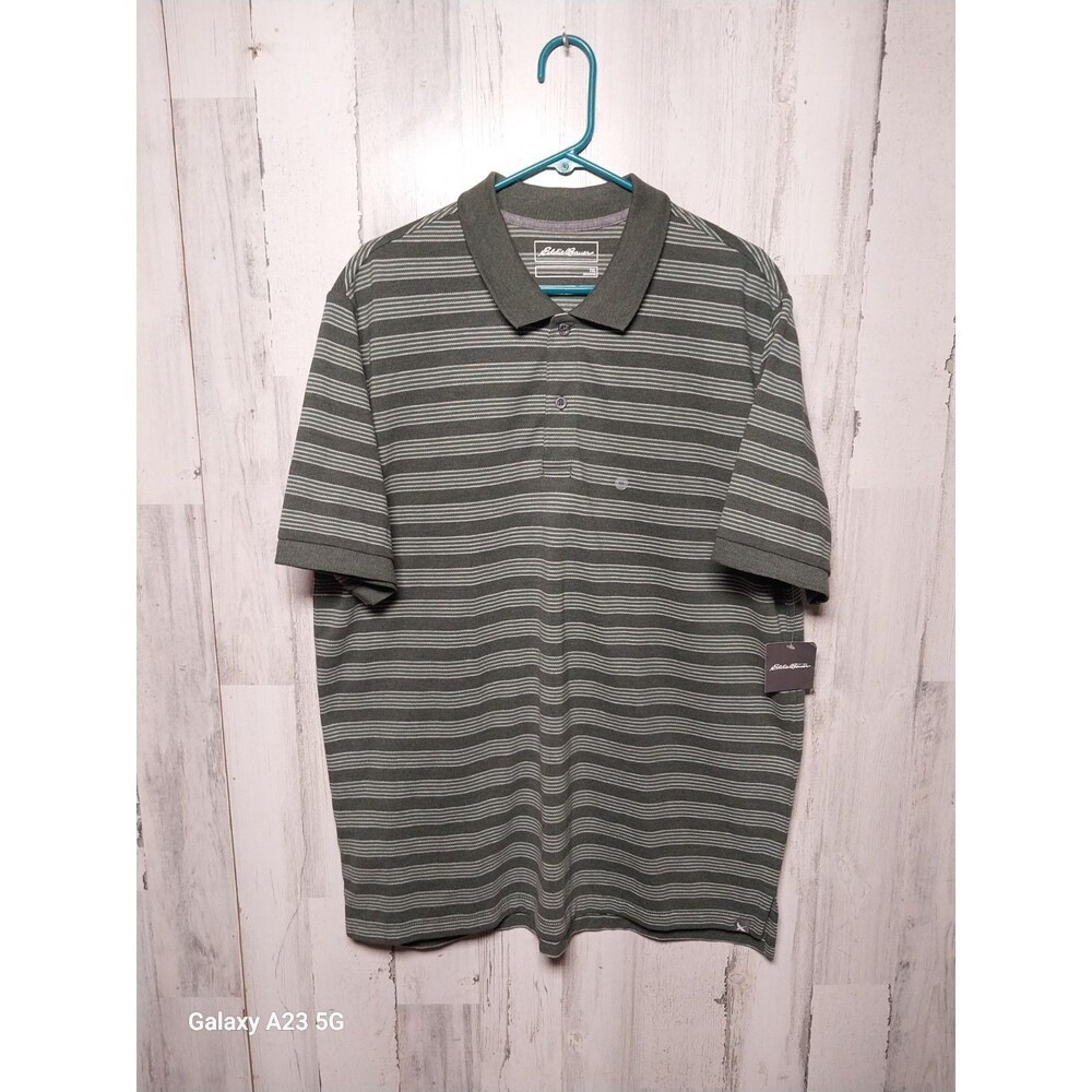 Eddie Bauer Men's Shirt TXL Green Gray Stripe Short Sleeve Polo